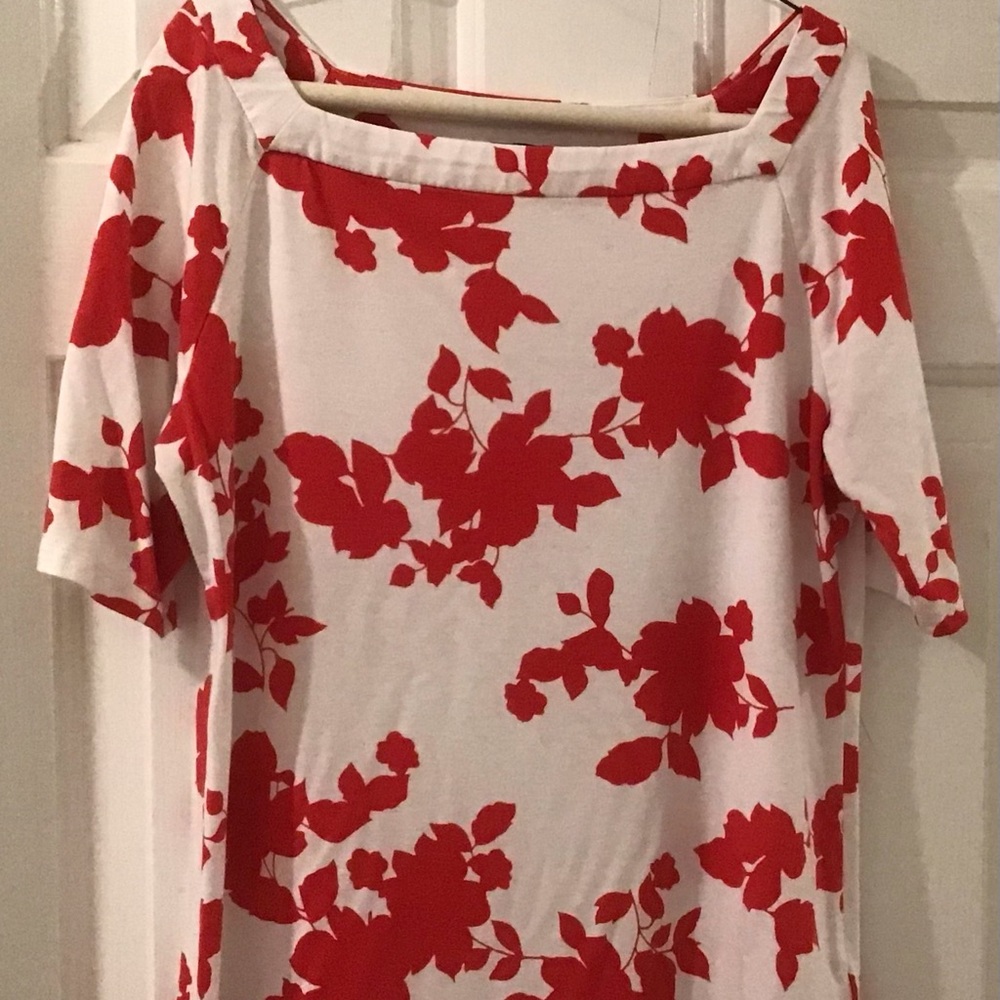Talbots Womens Red White Floral Top Short Sleeve Rayon Tunic Blouse Sz-Small